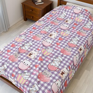 Plush blanket. Velveteen couch throw. Cats and Coffee, purple gingham. Baby blanket. Cozy blanket for cat lovers. Gifts for her, Mothers Day