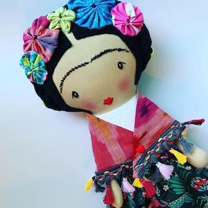 Frida-inspired cloth doll custom heirloom nursery decor rag doll child friendly