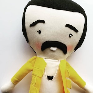 Freddie Mercury-inspired, Queen, symbol, iconic, pop artist, rag doll, cloth doll, maylo, heirloom, handmade, mini-me