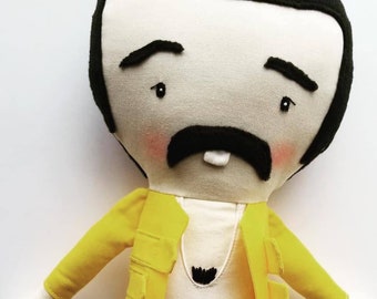Freddie Mercury-inspired, Queen, symbol, iconic, pop artist, rag doll, cloth doll, maylo, heirloom, handmade, mini-me