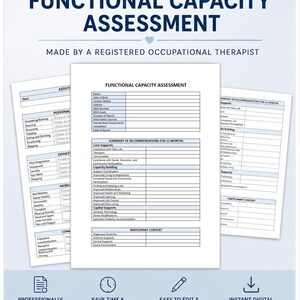 Könnte beinhalten: Eine Vorlage für ein Functional Capacity Assessment, erstellt von einem registrierten Ergotherapeuten. Die weißen Seiten enthalten schwarzen Text, Tabellen und Felder für persönliche Daten, Unterstützungsleistungen und Kontext.