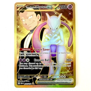 May include: A gold-colored Team Rocket's Mewtwo ex trading card featuring a purple and white Mewtwo character and a human figure in the background. The card displays the text Power Saver, Erasure Ball, 280 HP, and the card number 240/182.
