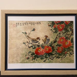 Korean traditional art, Korean folk painting, Korean Traditional landscape painting, Korea wall decor, Minhwa, Unique Gift, Sparrow & Flower