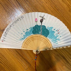 no5 Korean Traditional Folding Fan with Hand-painted Mountain Landscape and Calligraphy, Tassel, Cultural Art Gift, Asian Decor, Gift Wrap