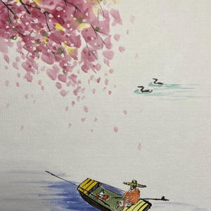 Cherry Blossom Boat Korean Ink and Watercolor Painting, Tranquil Spring Scene, Traditional Asian Art, Korean Traditional Art Wall Decoration