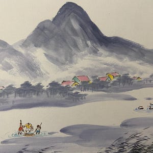 Fishermen, Mountain Village, Nature Scene, Original Asian Art, Korean Watercolor Landscape, Traditional Korean ink painting, Calligraphy Art