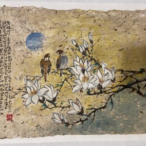 Traditionelle koreanische Kunst, koreanische Volksmalerei, koreanische traditionelle Landschaftsmalerei, Korea Wanddekor, Minhwa, einzigartiges Geschenk, Vogel, Magnolie