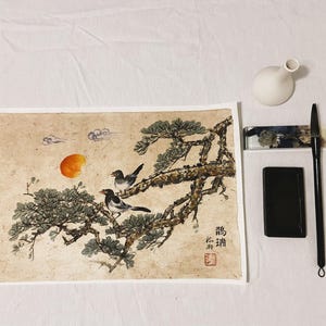 Korean traditional art, Korean folk painting, Korean Traditional landscape painting, Korea wall decor, Minhwa, Unique Gift, Bird & Pine Tree