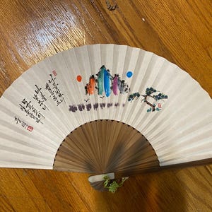 no4 Korean Traditional Folding Fan with Hand-painted Mountain Landscape and Calligraphy, Tassel, Cultural Art Gift, Asian Decor, Gift Wrap