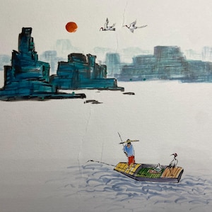 Pintura de río índigo y barco, arte en tinta y acuarela, decoración de pared relajante, pintura popular coreana, arte original con caligrafía coreana
