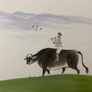 Boy Playing Flute on Ox, Korean Calligraphy Art, Nature Landscape Wall Art, Oriental Ink Painting, Korean Traditional Painting, Asian Art