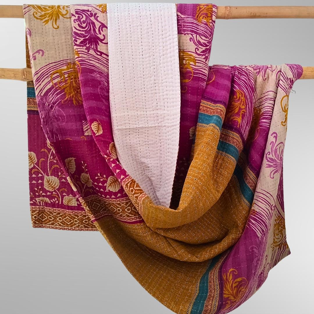 Golden R Basha Basha Kantha Queen Bedspreads From Vintage Cotton- Golden and Rose - Etsy