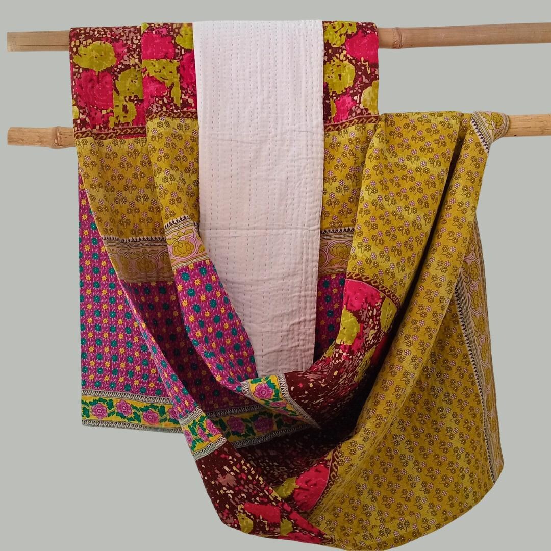 Golden R Basha Basha Kantha Queen Bedspreads From Vintage Cotton- Golden and Fuschia ...