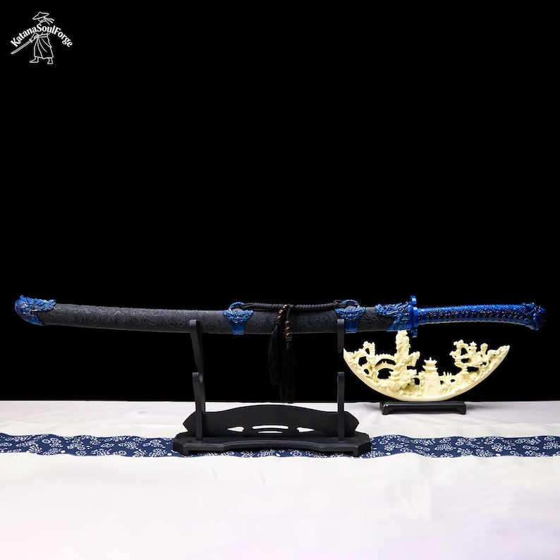 Handgjord blå drakekatana, 1060 kolstål, full tånge-displaysvärd bild 5