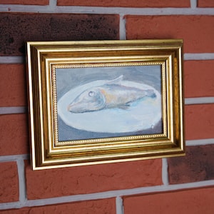 Seafood fish oil painting, Sardine oil painting, A fish on a plate, Original framed art 4x6 kitchen wall art