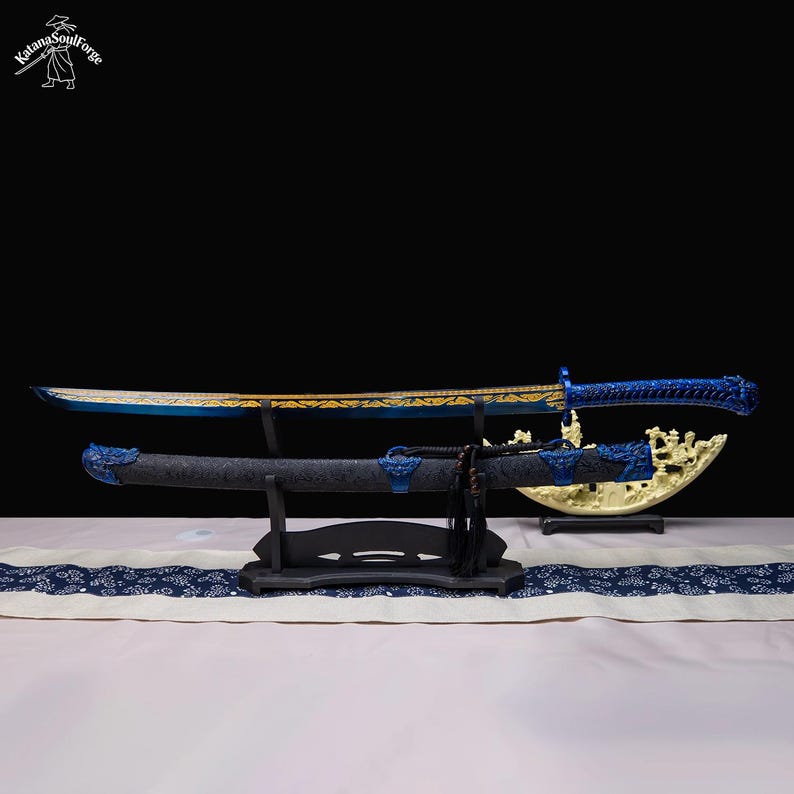 Handgjord blå drakekatana, 1060 kolstål, full tånge-displaysvärd bild 4