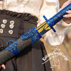 Handgjord blå drakekatana, 1060 kolstål, full tånge-displaysvärd bild 3