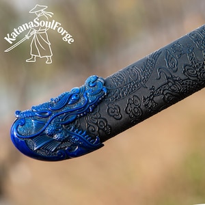 Handgjord blå drakekatana, 1060 kolstål, full tånge-displaysvärd bild 16