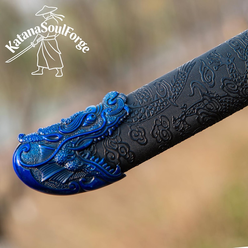 Handgjord blå drakekatana, 1060 kolstål, full tånge-displaysvärd bild 16