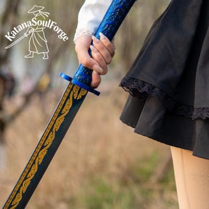 Handgjord blå drakekatana, 1060 kolstål, full tånge-displaysvärd bild 8