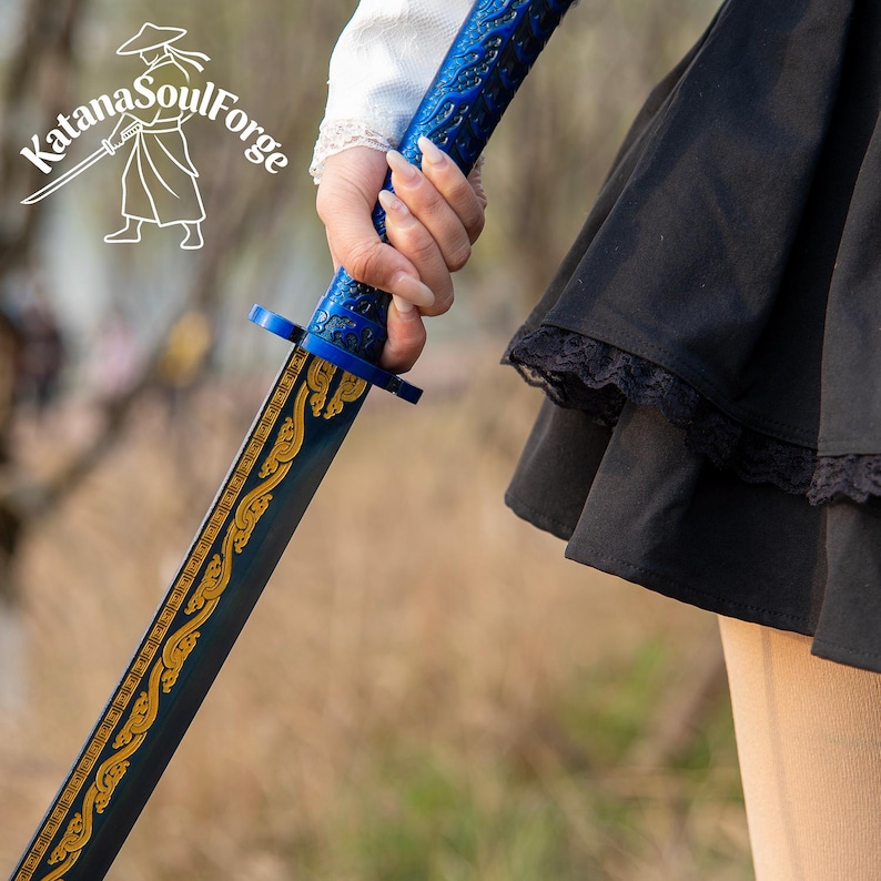 Handgjord blå drakekatana, 1060 kolstål, full tånge-displaysvärd bild 8