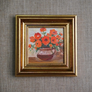 Red Daisy vase oil painting, Original floral oil painting, Canvas floral painting, Living room and kitchen wall decoration, 4x4