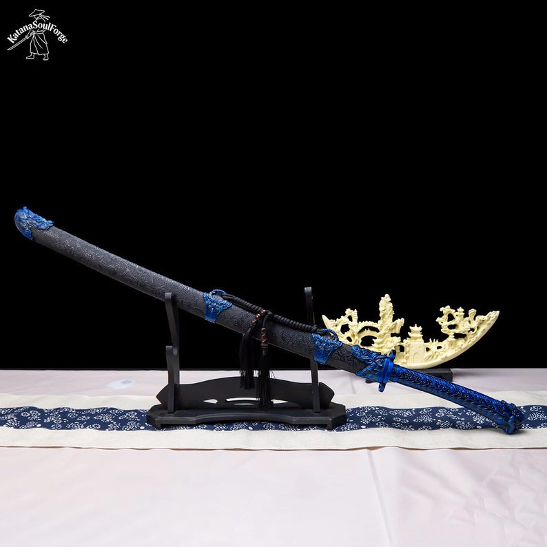 Handgjord blå drakekatana, 1060 kolstål, full tånge-displaysvärd bild 7