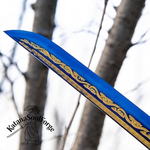 Handgjord blå drakekatana, 1060 kolstål, full tånge-displaysvärd bild 13