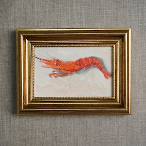 Shrimp original oil painting framed seafood art, Small art kitchen wall decoration, Seafood painting, 4x6