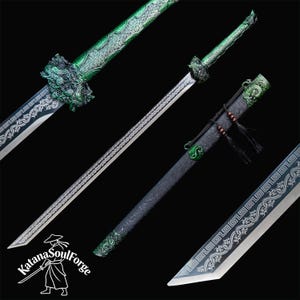 May include: A detailed image of a katana sword with a green handle and accents. The blade has a silver finish with intricate designs. The scabbard is black with green details. The Katana Soul Forge logo is visible.