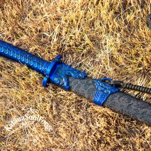 Handgjord blå drakekatana, 1060 kolstål, full tånge-displaysvärd bild 12