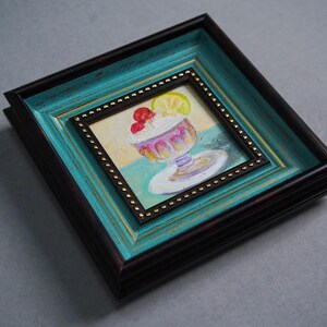 Original ice cream oil painting, Small framed original art piece, 4x4-inch canvas artwork, Cherry lemon ice cream painting