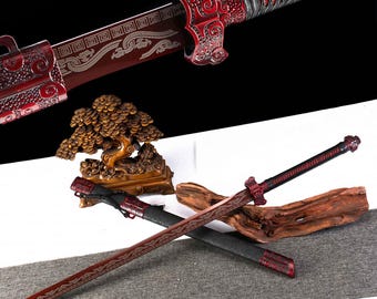 Handmade Chinese Display Sword, Red Cloud Pattern, Decorative Collector Piece, Artisan Crafted