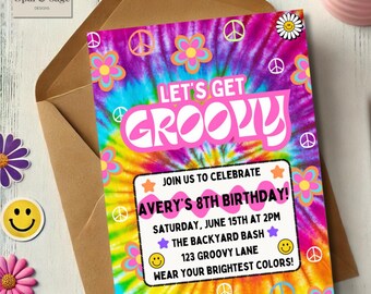 Groovy 70s Geburtstagseinladung Batik Batik | Retro bearbeitbare Canva Vorlage | Digitaler Download Party einladen