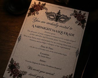 Maskenball Einladung | Gothic Viktorianische Party Vorlage | Bearbeitbar dunkel elegant einladen