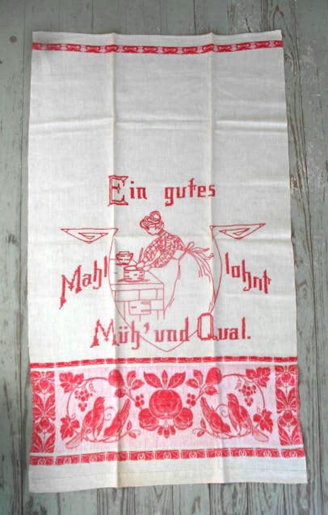 German Kitchen Rag Antique German Linen Kitchen Show Towel Hand Embroidered Turkey Red ...