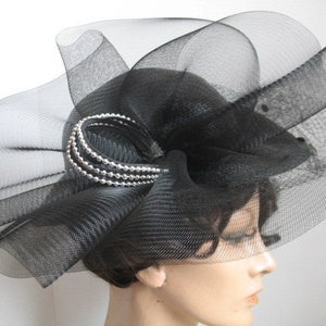 ladies hat with black grosgrain ribbon and netting Vintage black straw