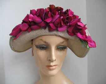 Vintage Straw Slouchy Church Hat ~ Stylist of Chicago ~ Fuchsia Color Flowers