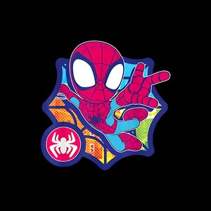 K&ouml;nnte beinhalten: Cartoon-Illustration von Spider-Man in Rot und Blau vor schwarzem Hintergrund. Die Figur ist in einer dynamischen Pose dargestellt, mit einem Spinnenemblem auf der Brust. Das Bild hat einen Comic-Stil mit kr&auml;ftigen Farben.