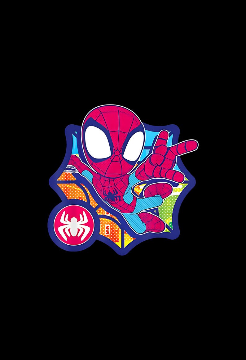 K&ouml;nnte beinhalten: Cartoon-Illustration von Spider-Man in Rot und Blau vor schwarzem Hintergrund. Die Figur ist in einer dynamischen Pose dargestellt, mit einem Spinnenemblem auf der Brust. Das Bild hat einen Comic-Stil mit kr&auml;ftigen Farben.