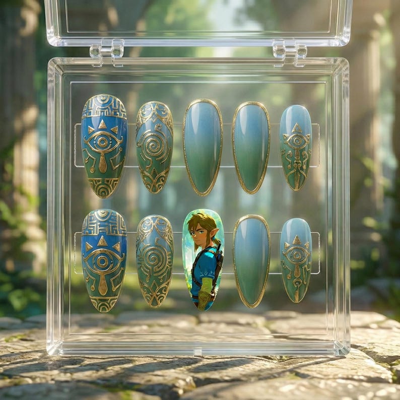 Puede incluir: Un conjunto de u&ntilde;as postizas en una caja de pl&aacute;stico transparente. Las u&ntilde;as presentan dise&ntilde;os en azul, dorado y verde, con un s&iacute;mbolo de ojo y un efecto degradado. Una u&ntilde;a muestra un personaje de videojuego.