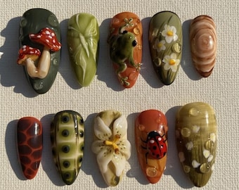 3D Sping Nails Frog & Mushroom Press-On Nails | Forestcore Cottagecore Art