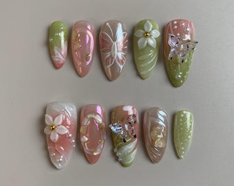 Spring Blossom & Butterfly Garden Soft Gel Press-On Nails – Handmade Luxury Almond Set
