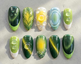 Paznokcie prasowane Green Forest Cat Eye | Sztuczne paznokcie 3D Water Drop Almond | Żelowe paznokcie Nature Leaf Design | Luksusowa Aura Chrome