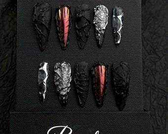 Gothic Black Chrome Press On Nails: 3D Spider Web Flame Nail Art