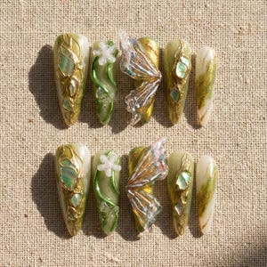 Fairycore Press On Nails, Butterfly, Emerald & Gold, Cottagecore, Long Almond Nails, Floral | 3D Nail Art, Festival, Wedding, Gift for Her image 1