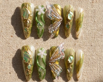 Fairycore Press On Nails, Butterfly, Emerald & Gold, Cottagecore, Long Almond Nails, Floral | 3D Nail Art, Festival, Wedding, Gift for Her