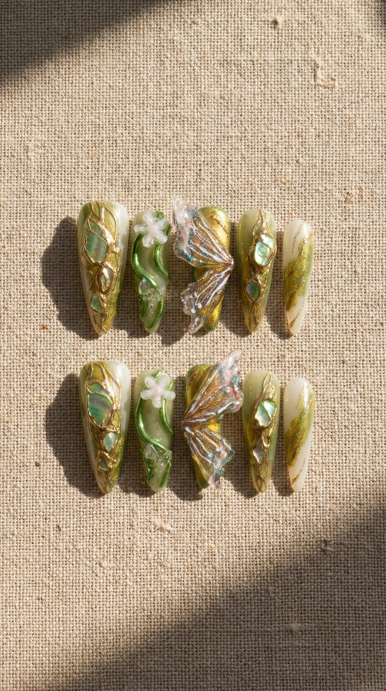 Fairycore Press On Nails, Butterfly, Emerald & Gold, Cottagecore, Long Almond Nails, Floral | 3D Nail Art, Festival, Wedding, Gift for Her image 1