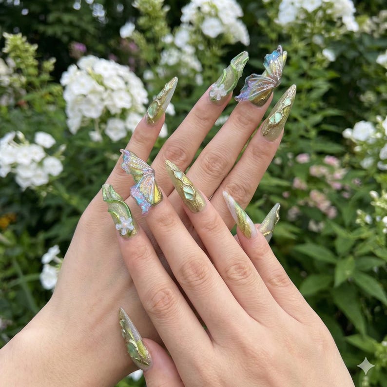 Fairycore Press On Nails, Butterfly, Emerald & Gold, Cottagecore, Long Almond Nails, Floral | 3D Nail Art, Festival, Wedding, Gift for Her image 3