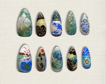 Hand-Painted Blue & White Porcelain Style Nails